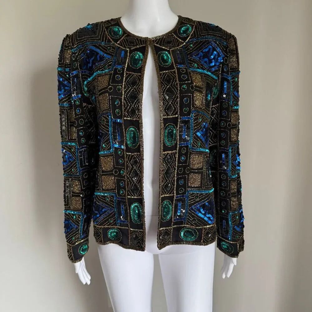 Scalia Paris VTG Silk Beaded Sequin Jacket 90s Boho Art Deco Maximalist Jacket
